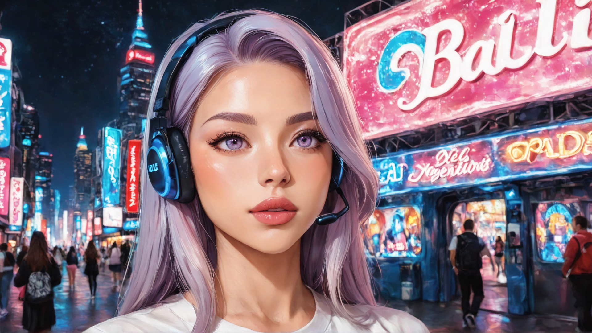AI generated wallpaper featuring woman, headphones, city, neon, signs, street, buildings, people, hair, urban