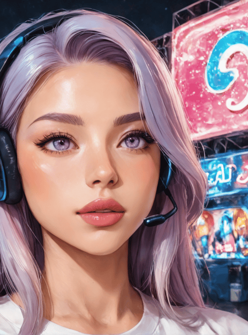 woman, headphones, city, neon, signs, street, buildings, people, hair, urban
