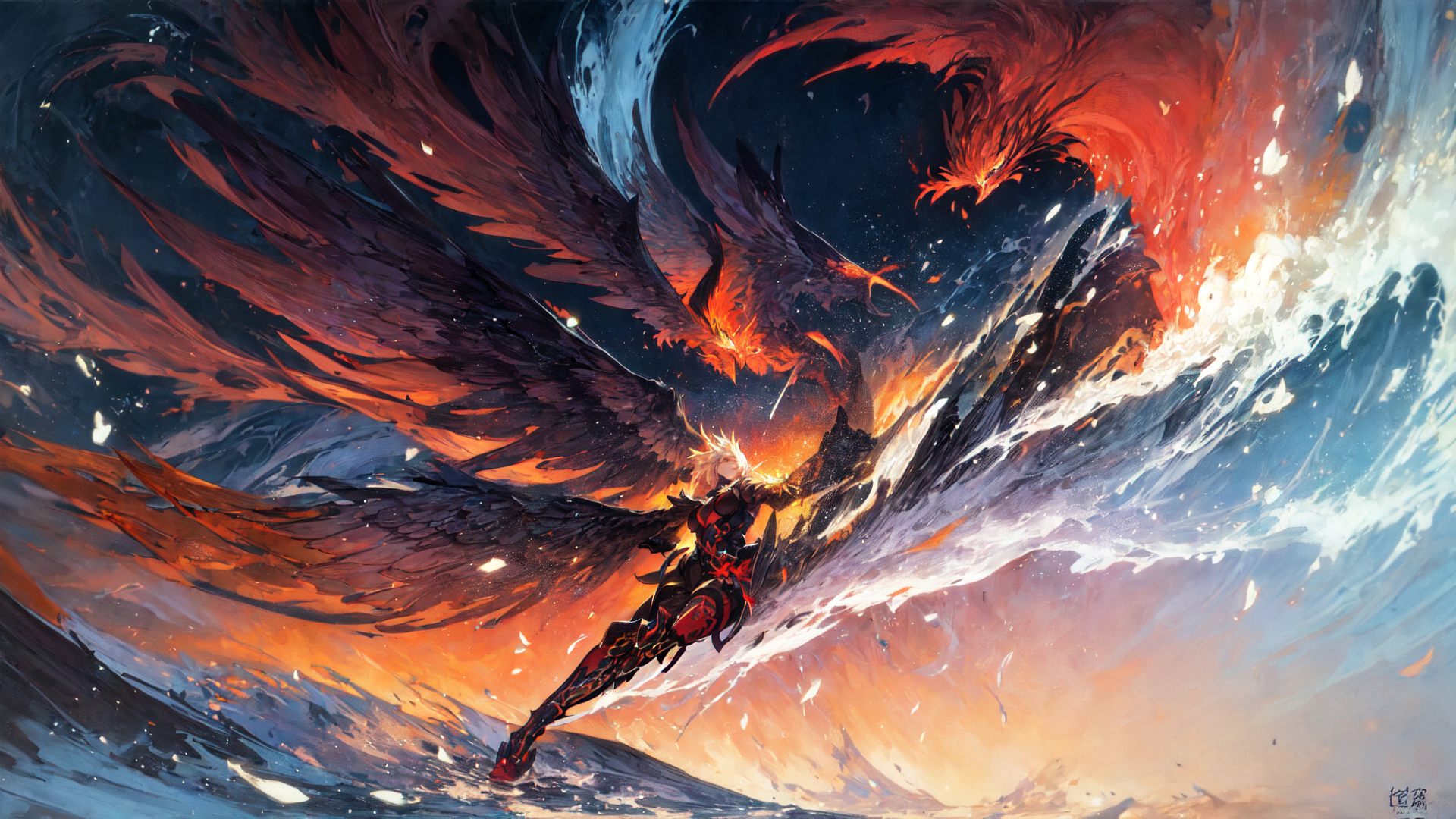 AI generated wallpaper featuring angel, dragon, warrior