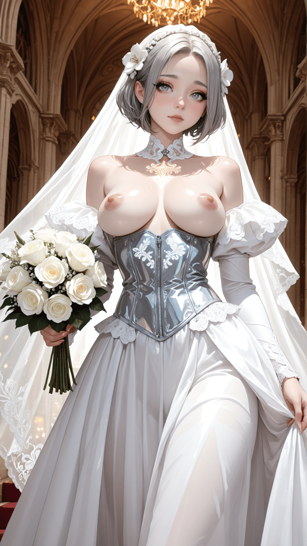 AI generated wallpaper featuring bride, veil, corset, bouquet, gown, flowers, chapel, chandelier, lady, dress