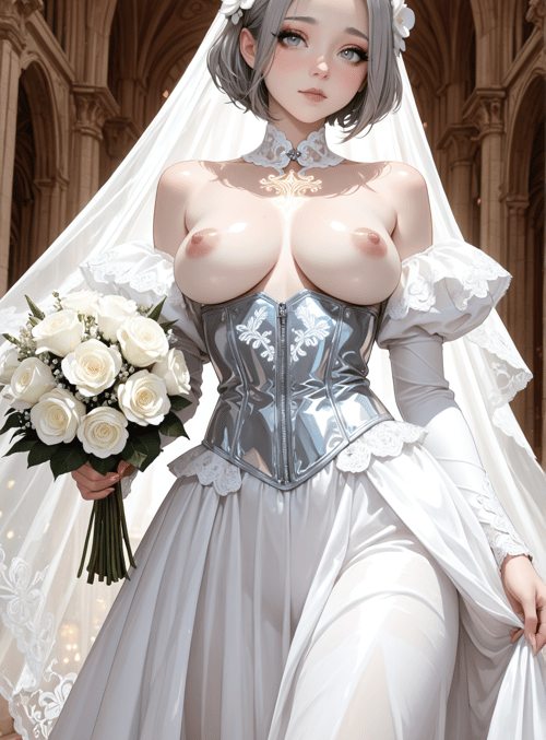 bride, veil, corset, bouquet, gown, flowers, chapel, chandelier, lady, dress
