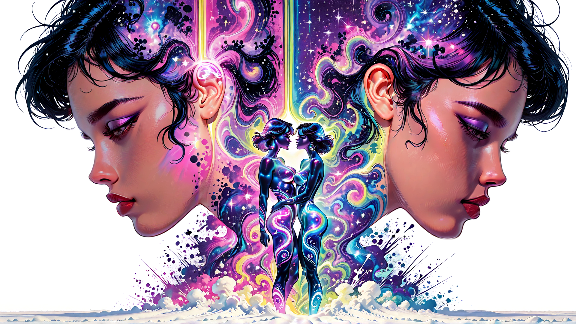 AI generated wallpaper featuring woman, duality, surreal, figures, faces, cosmos, stars, glow, silhouettes, art