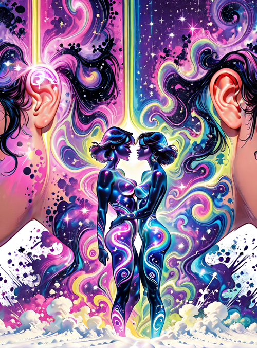 woman, duality, surreal, figures, faces, cosmos, stars, glow, silhouettes, art