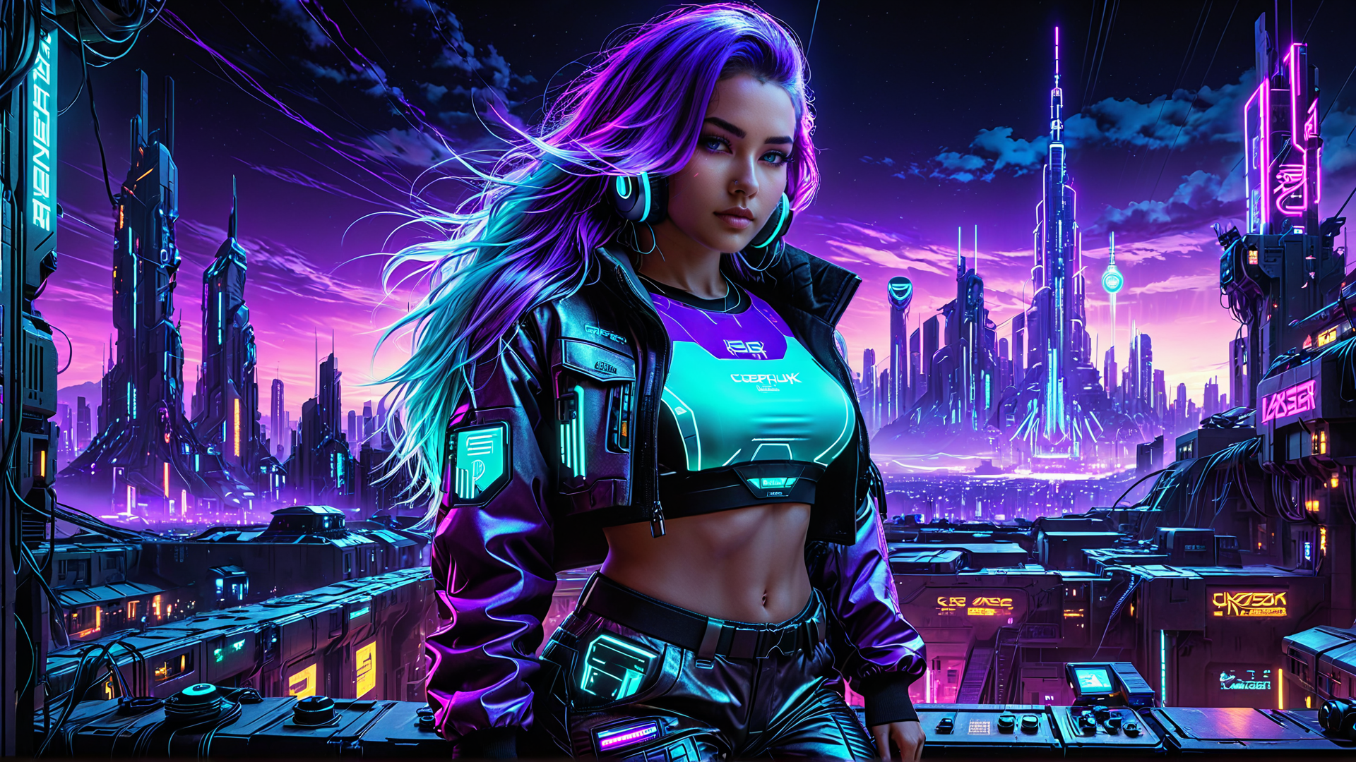 AI generated wallpaper featuring woman, cyberpunk, cityscape