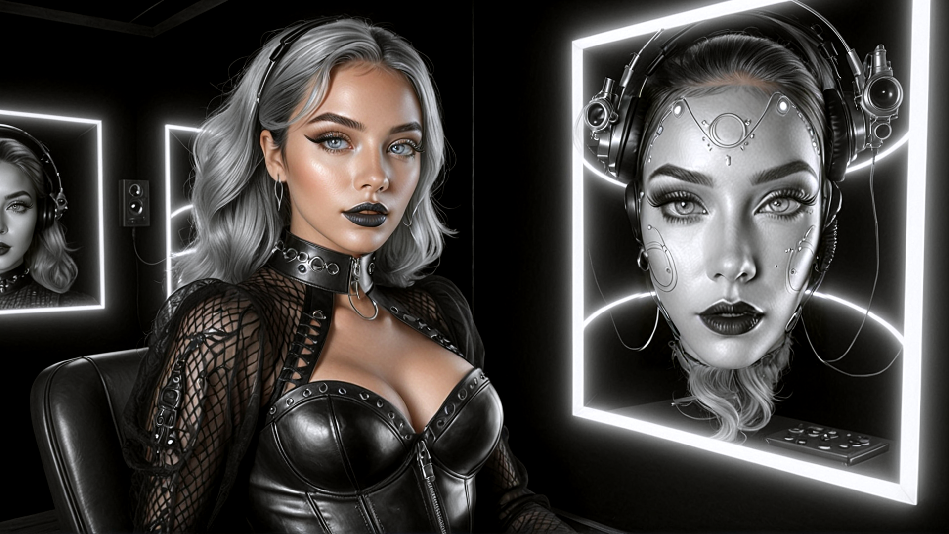 AI generated wallpaper featuring woman, headphones, monitor, chair, light, goggles, necklace, earrings, dress, remote