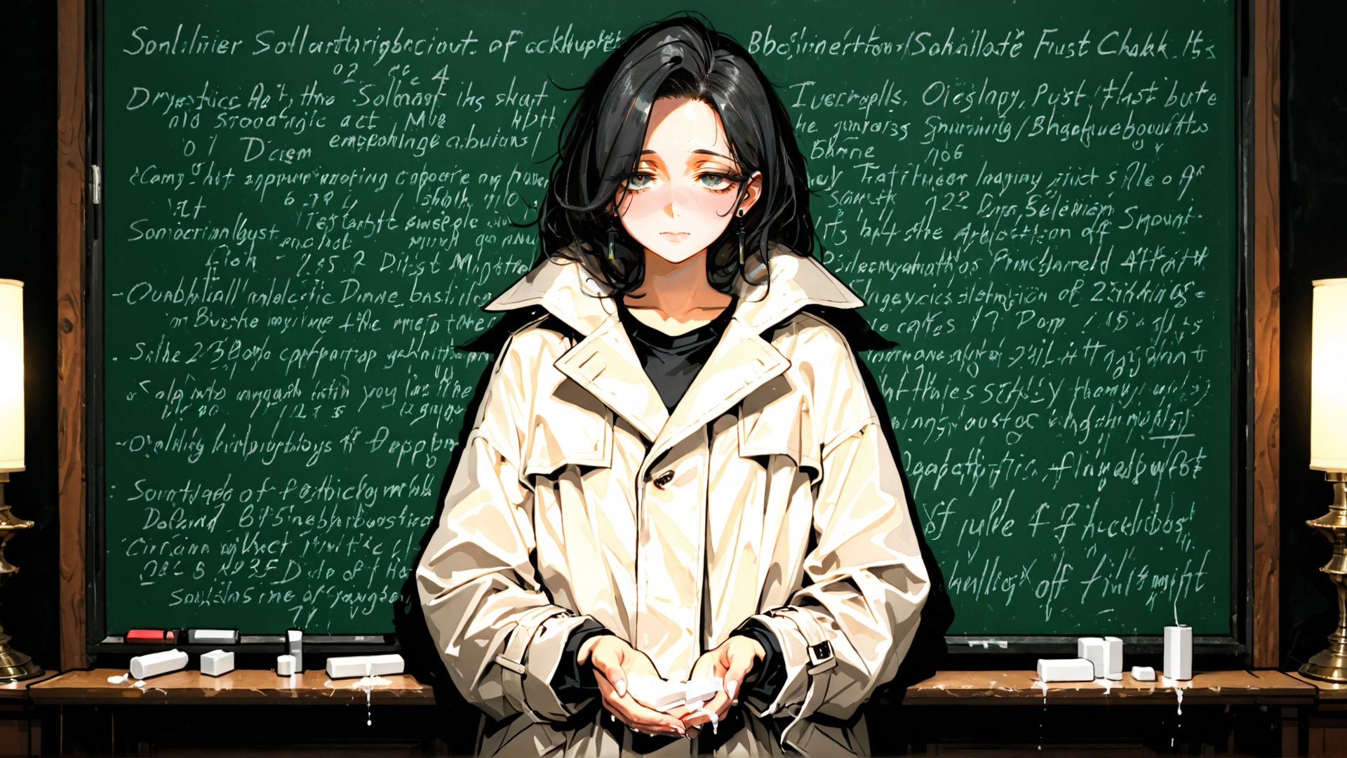 AI generated wallpaper featuring woman, chalkboard, jacket