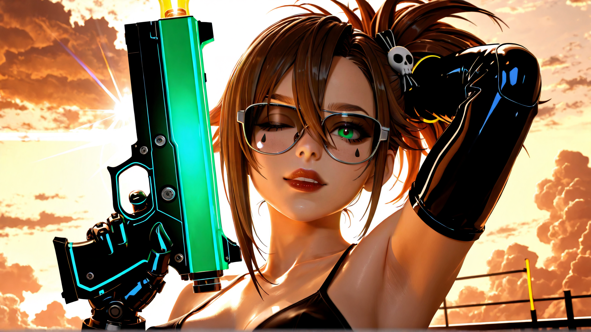 AI generated wallpaper featuring woman, gun, glasses, hair, skull