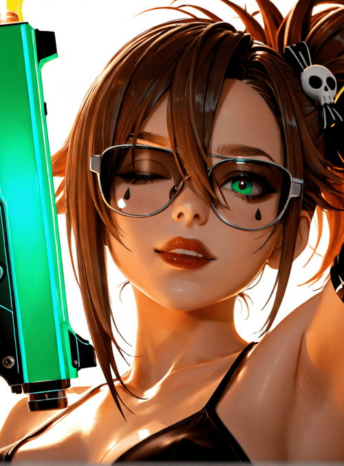 woman, gun, glasses, hair, skull