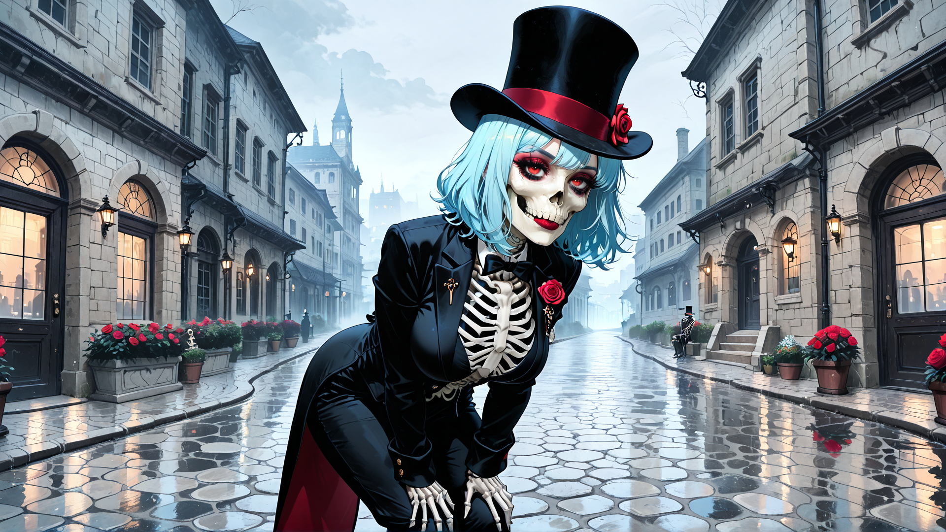 AI generated wallpaper featuring skeleton, blonde hair, top hat, suit, rose, street, buildings, lantern, rain, stone