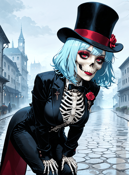 skeleton, blonde hair, top hat, suit, rose, street, buildings, lantern, rain, stone
