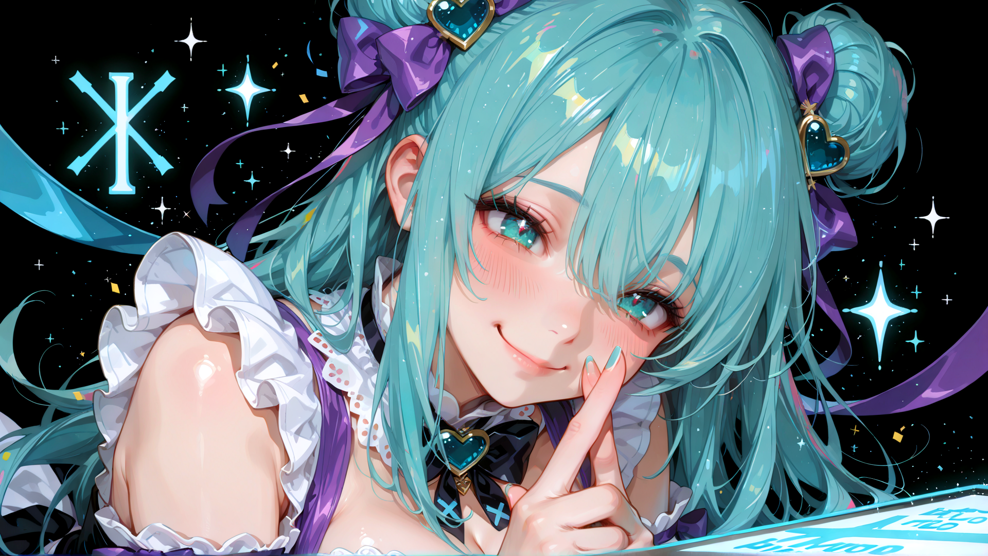 AI generated wallpaper featuring anime girl, blue hair, ribbon, heart, finger, dress, star, bow, choker, ribbon
