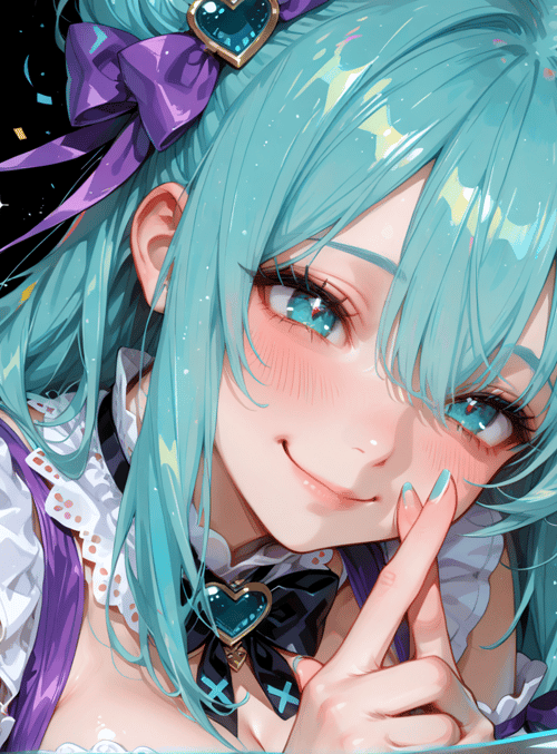 anime girl, blue hair, ribbon, heart, finger, dress, star, bow, choker, ribbon