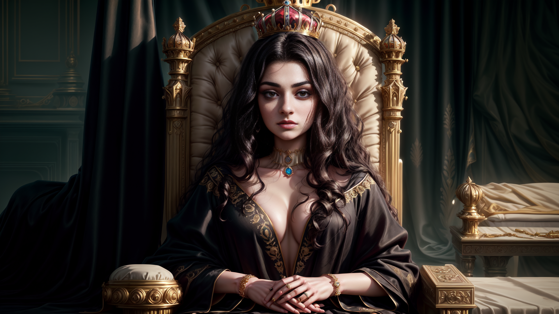 AI generated wallpaper featuring queen, crown, throne