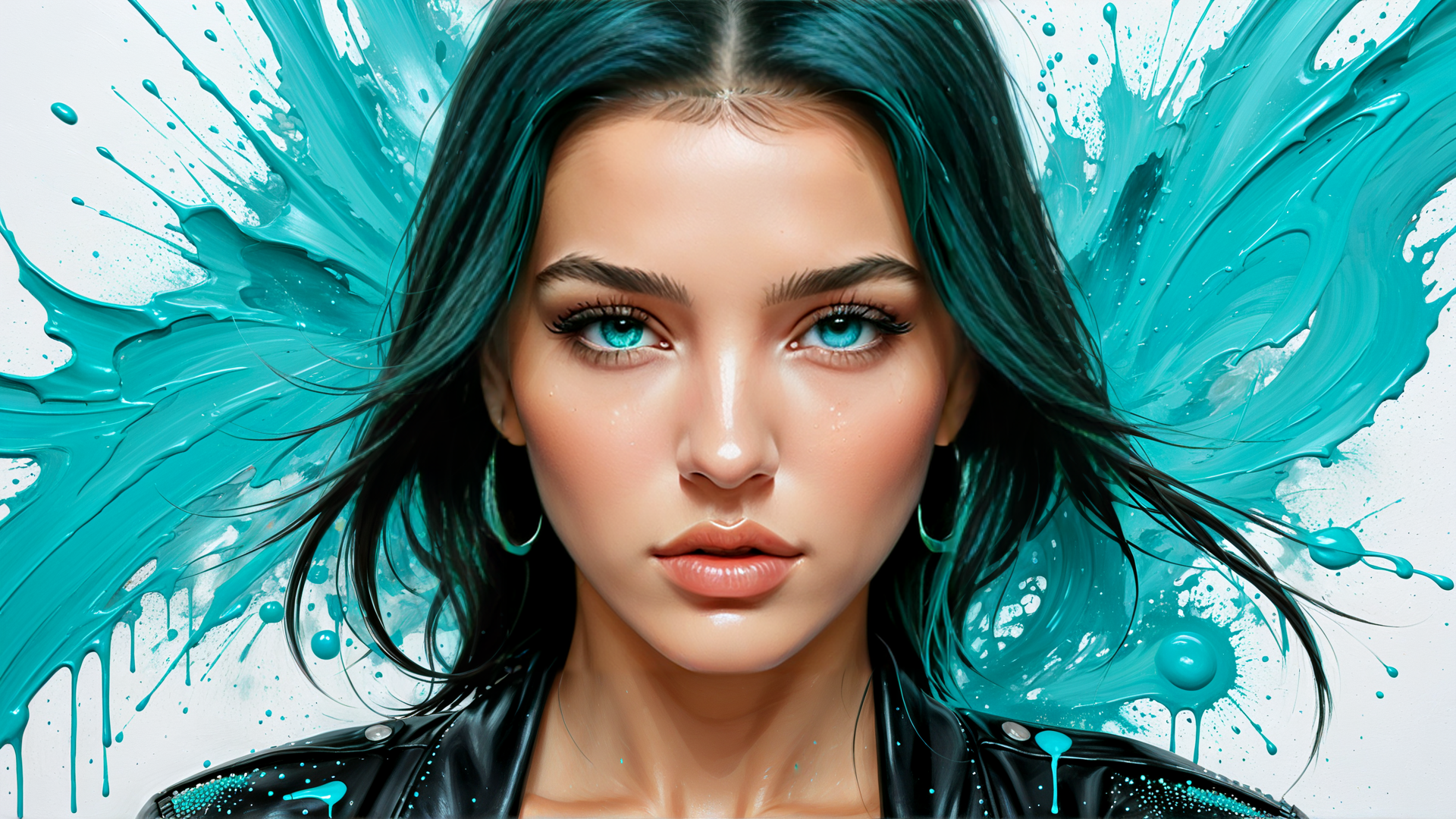 AI generated wallpaper featuring woman, paint, jacket, hair, ears, eyes, teardrops, splatter, sweat, earrings