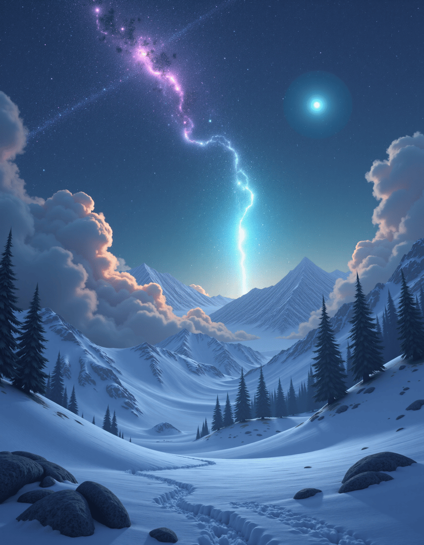 AI generated wallpaper featuring mountains, snow, clouds, trees, galaxy, lightning