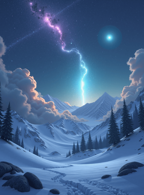 mountains, snow, clouds, trees, galaxy, lightning