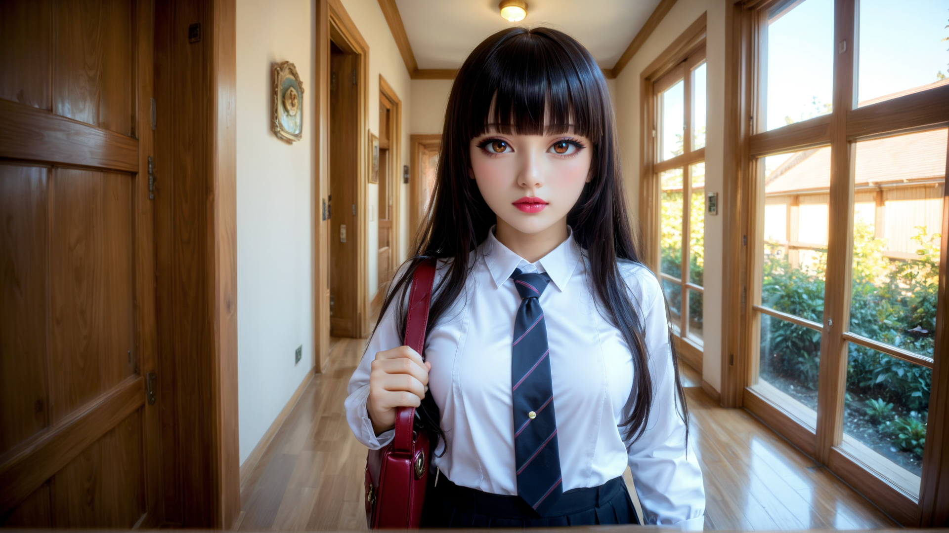 AI generated wallpaper featuring girl, student, school uniform, handbag, corridor