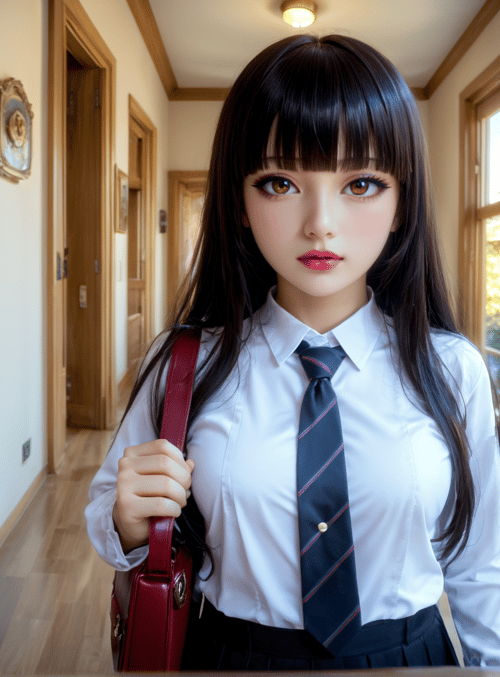 girl, student, school uniform, handbag, corridor