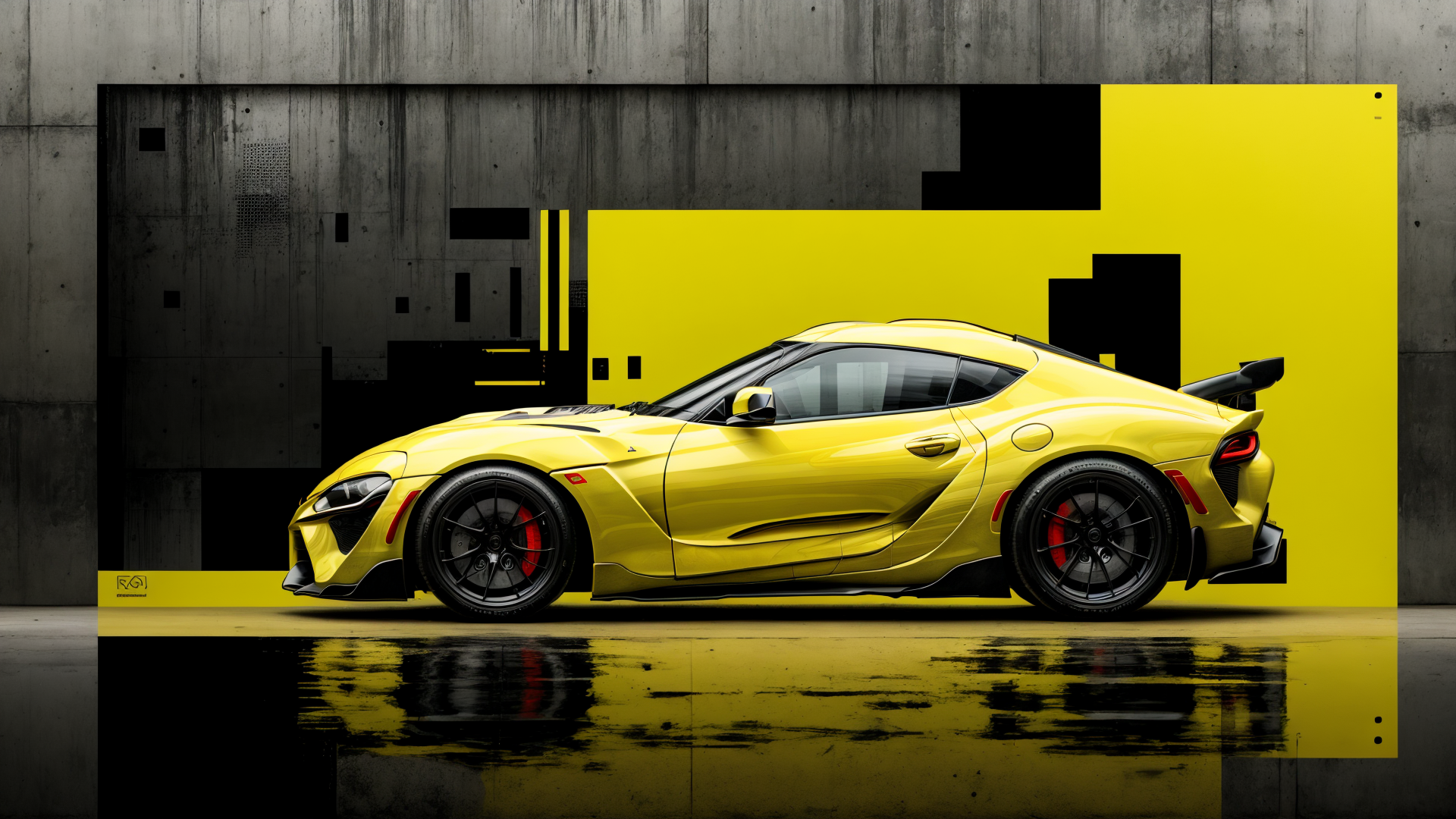 AI generated wallpaper featuring sports car, yellow car, supercar, reflection, concrete wall, geometric background