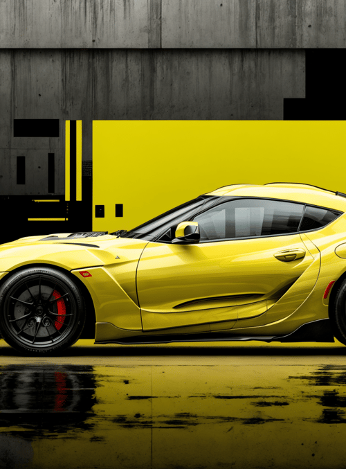 sports car, yellow car, supercar, reflection, concrete wall, geometric background