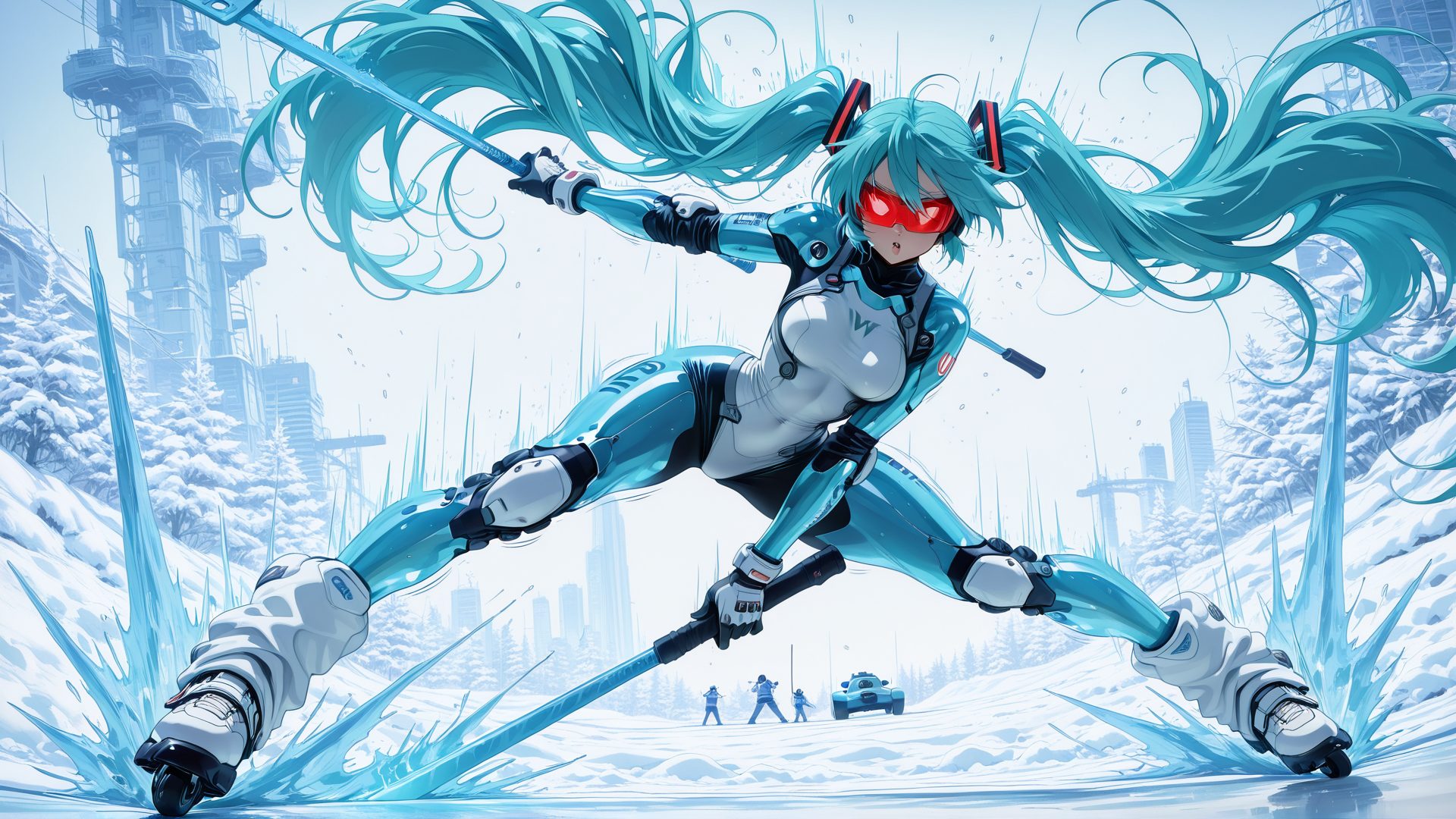 AI generated wallpaper featuring character, swords, sneakers, snow, city, trees, ice, vehicles, buildings, hair