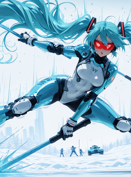 character, swords, sneakers, snow, city, trees, ice, vehicles, buildings, hair