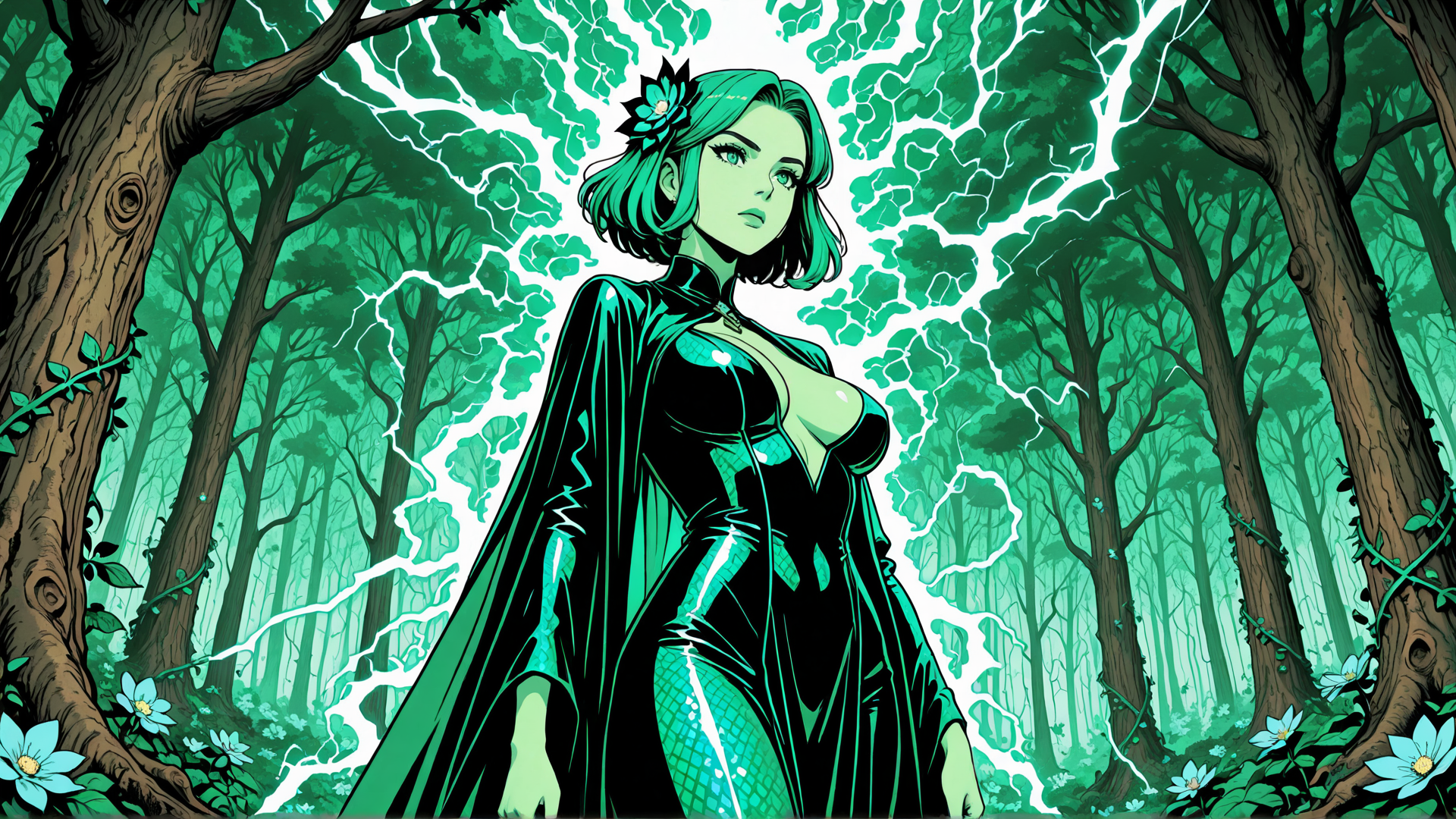 AI generated wallpaper featuring woman, forest, trees, electricity, flowers, cape, dress, flower