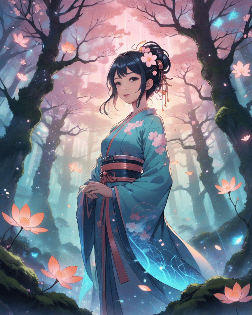 AI generated wallpaper featuring woman, kimono, forest