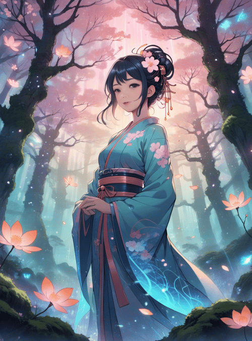 woman, kimono, forest