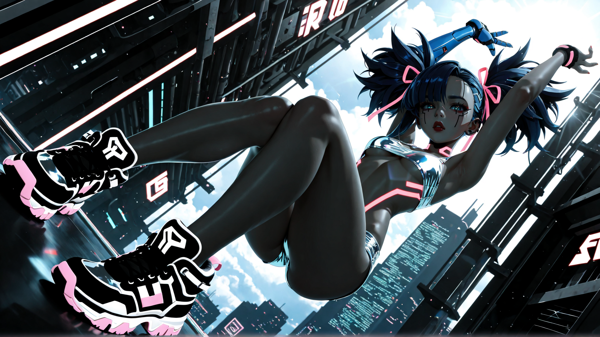 AI generated wallpaper featuring cyborg, anime girl, cityscape, futurism, urban, digital