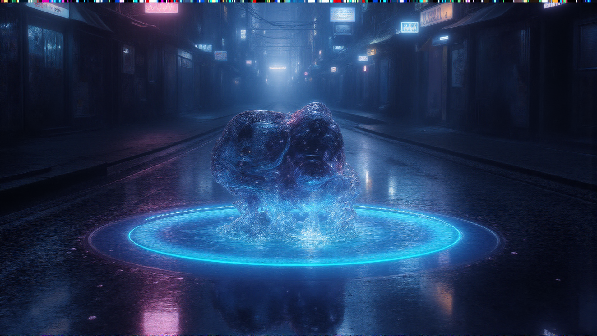 AI generated wallpaper featuring elephant, neon, street, light, circle, water