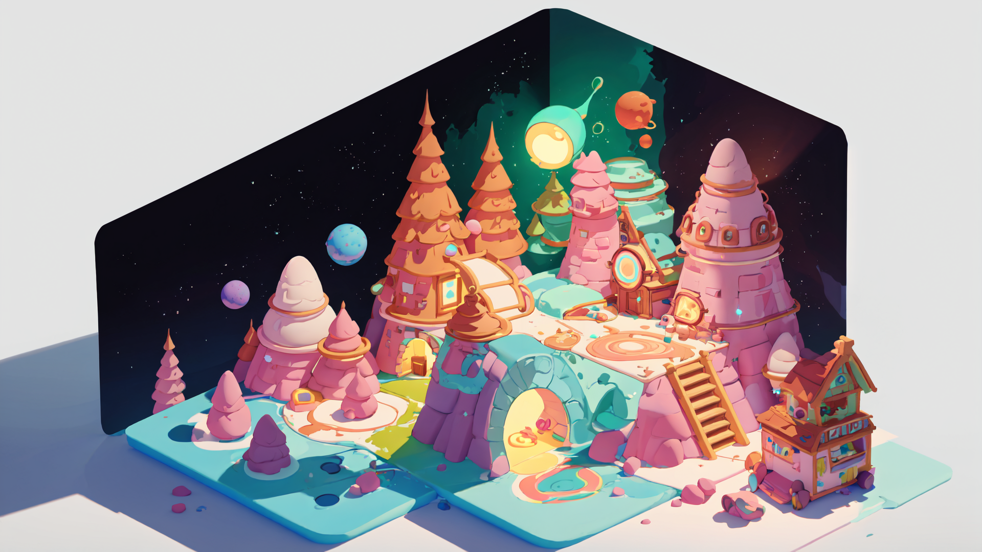 AI generated wallpaper featuring castle, trees, planet, buildings, tower