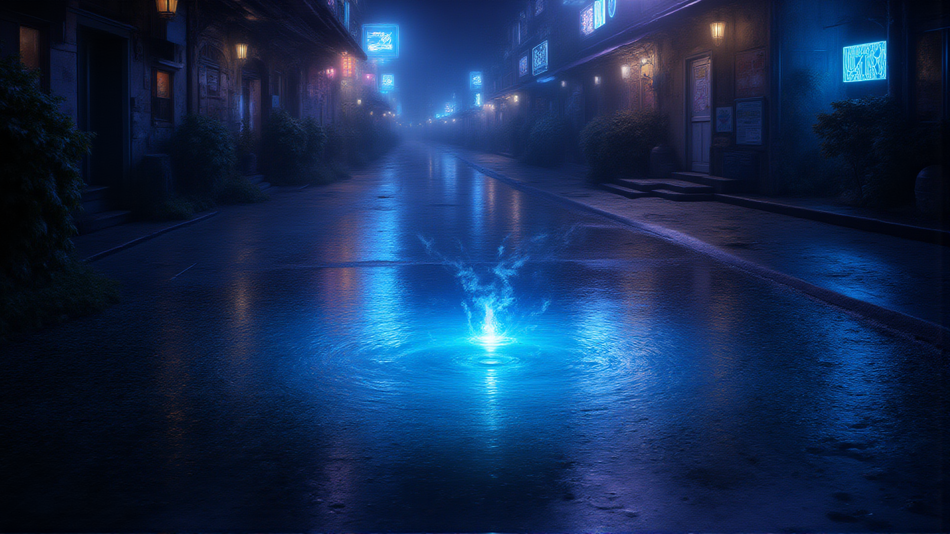 AI generated wallpaper featuring street, neon, water, light, signs, buildings, fog, reflection, city, alley