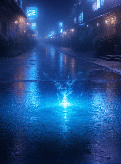 street, neon, water, light, signs, buildings, fog, reflection, city, alley