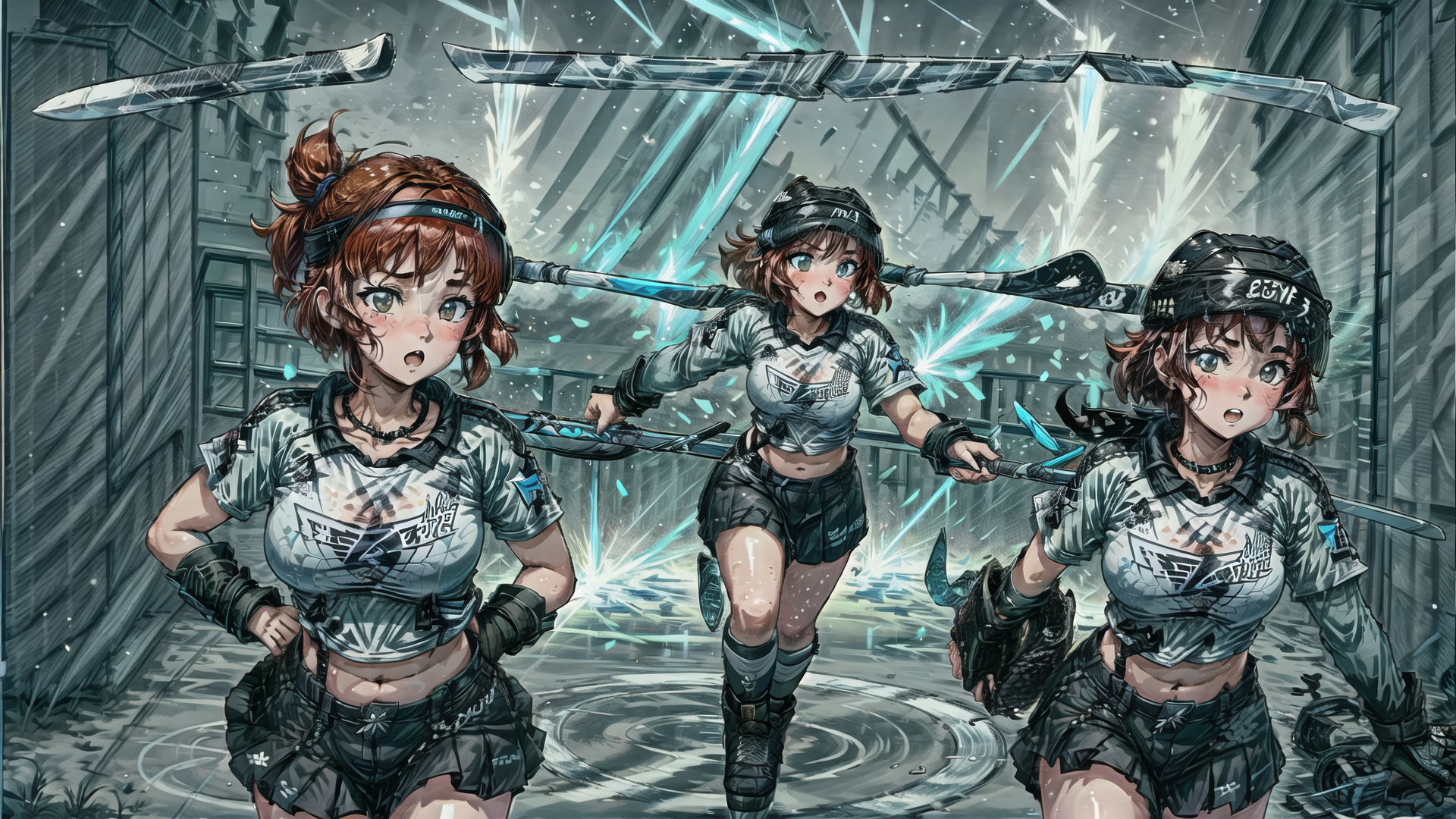 AI generated wallpaper featuring girls, sword, helmet, uniform, armor, battle, city, weapon, anime, shockwave