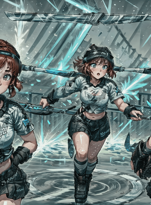 girls, sword, helmet, uniform, armor, battle, city, weapon, anime, shockwave