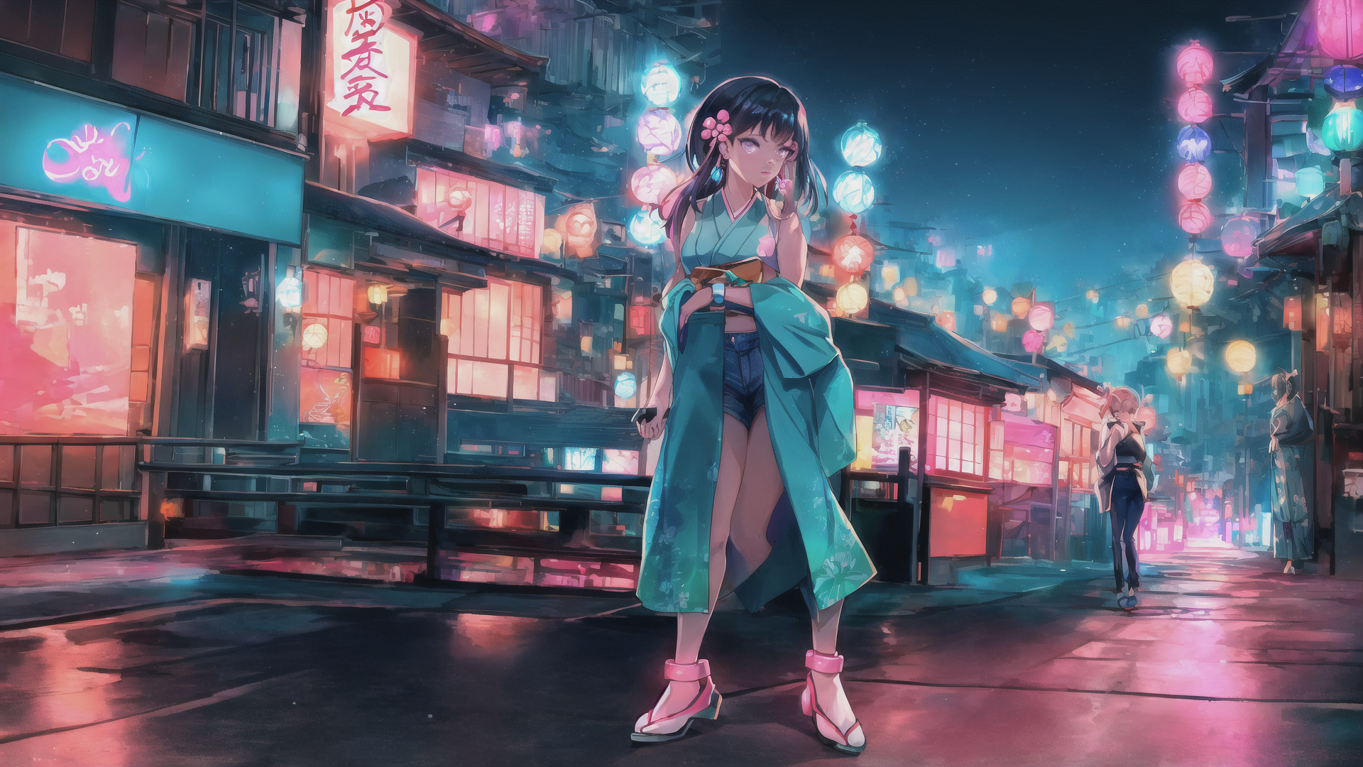 AI generated wallpaper featuring girl, street, lanterns