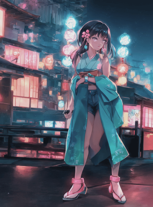 girl, street, lanterns