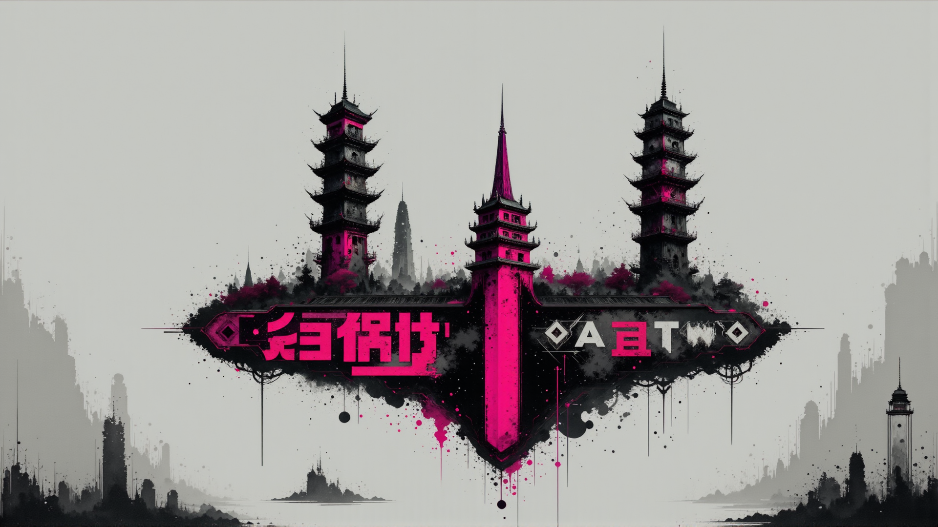 AI generated wallpaper featuring pagoda, cityscape, tower, building, art, text, splat, ink, logo, architecture