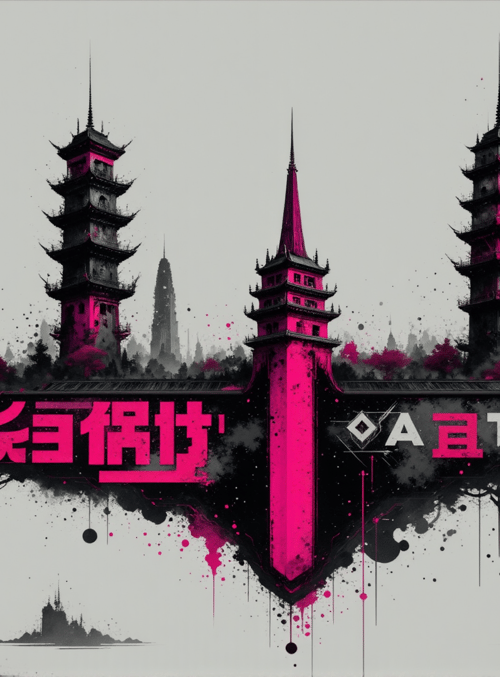 pagoda, cityscape, tower, building, art, text, splat, ink, logo, architecture