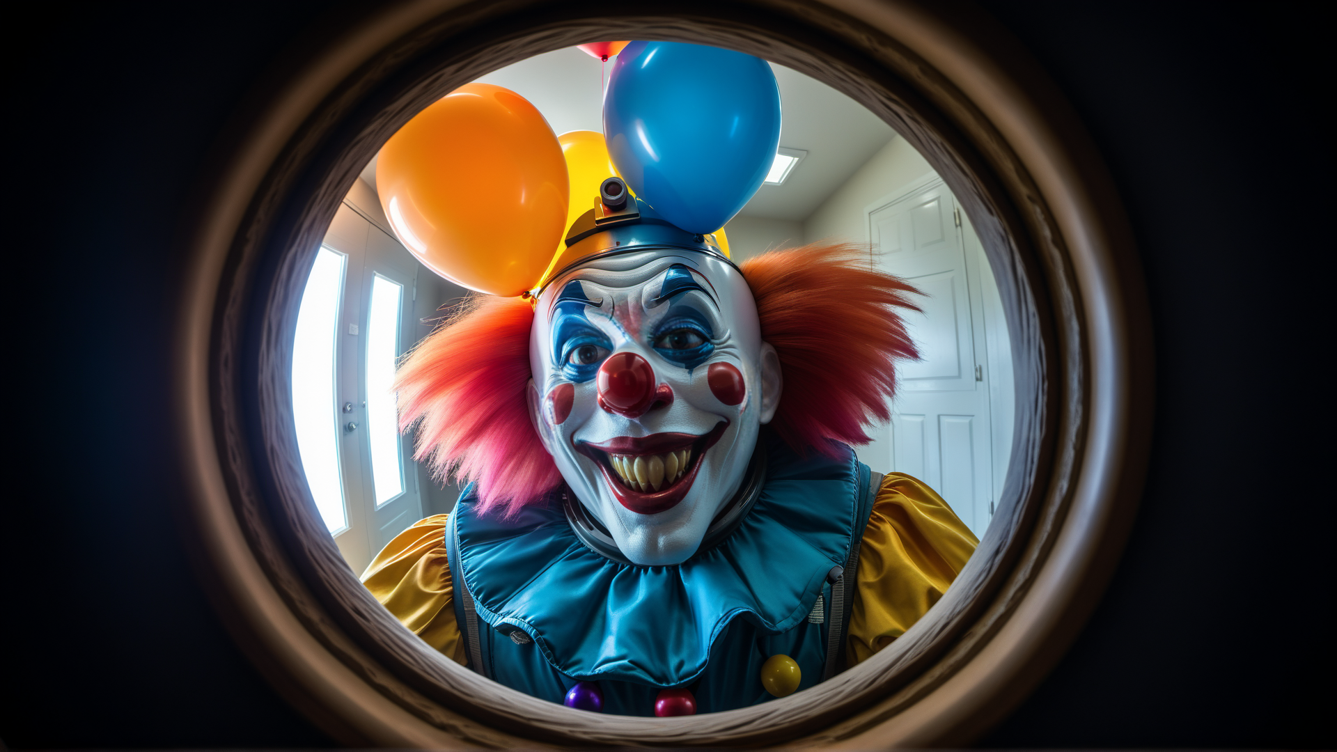 AI generated wallpaper featuring clown, balloons, mirror