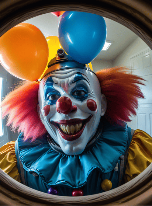 clown, balloons, mirror