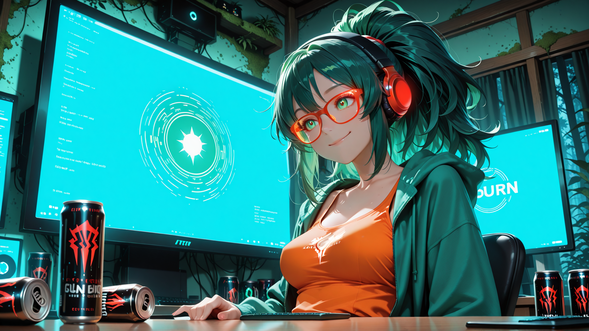AI generated wallpaper featuring woman, gamer, headphones, monitor, energy drink, computer, desk