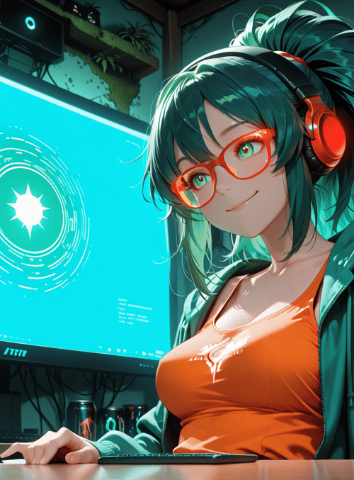 woman, gamer, headphones, monitor, energy drink, computer, desk