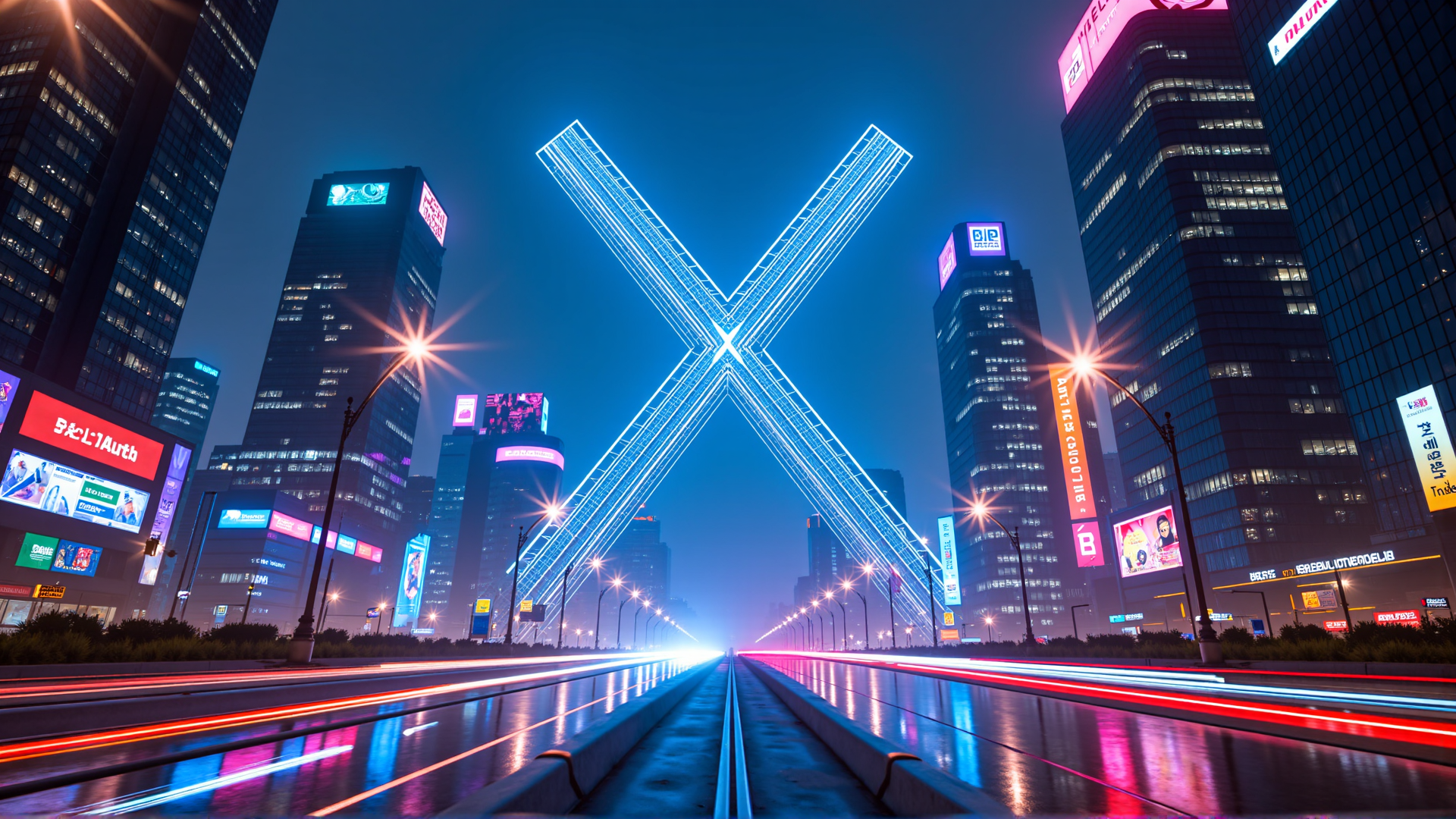 AI generated wallpaper featuring x structure, cityscape, skyscrapers, streetlights, billboards, road, neon lights, railroad tracks, urban, night scene