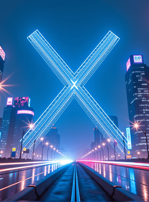 x structure, cityscape, skyscrapers, streetlights, billboards, road, neon lights, railroad tracks, urban, night scene