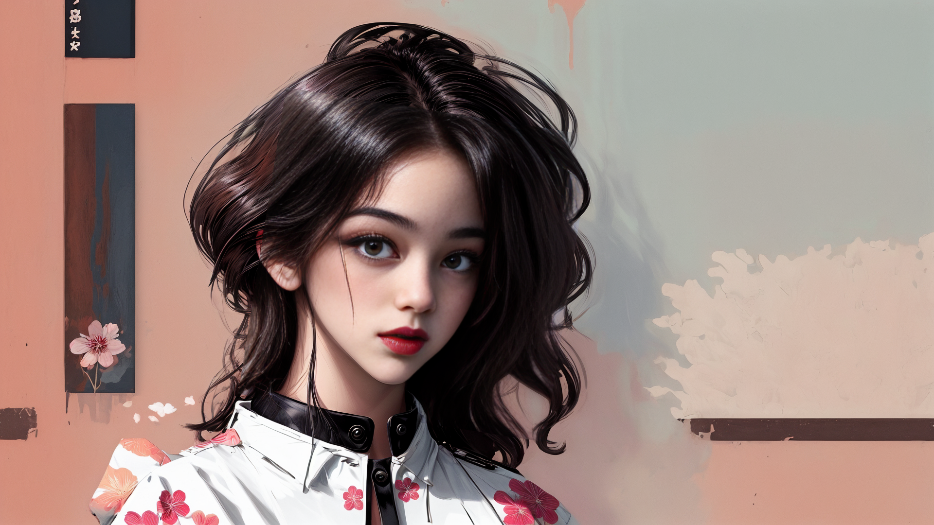 AI generated wallpaper featuring woman, floral jacket, hair