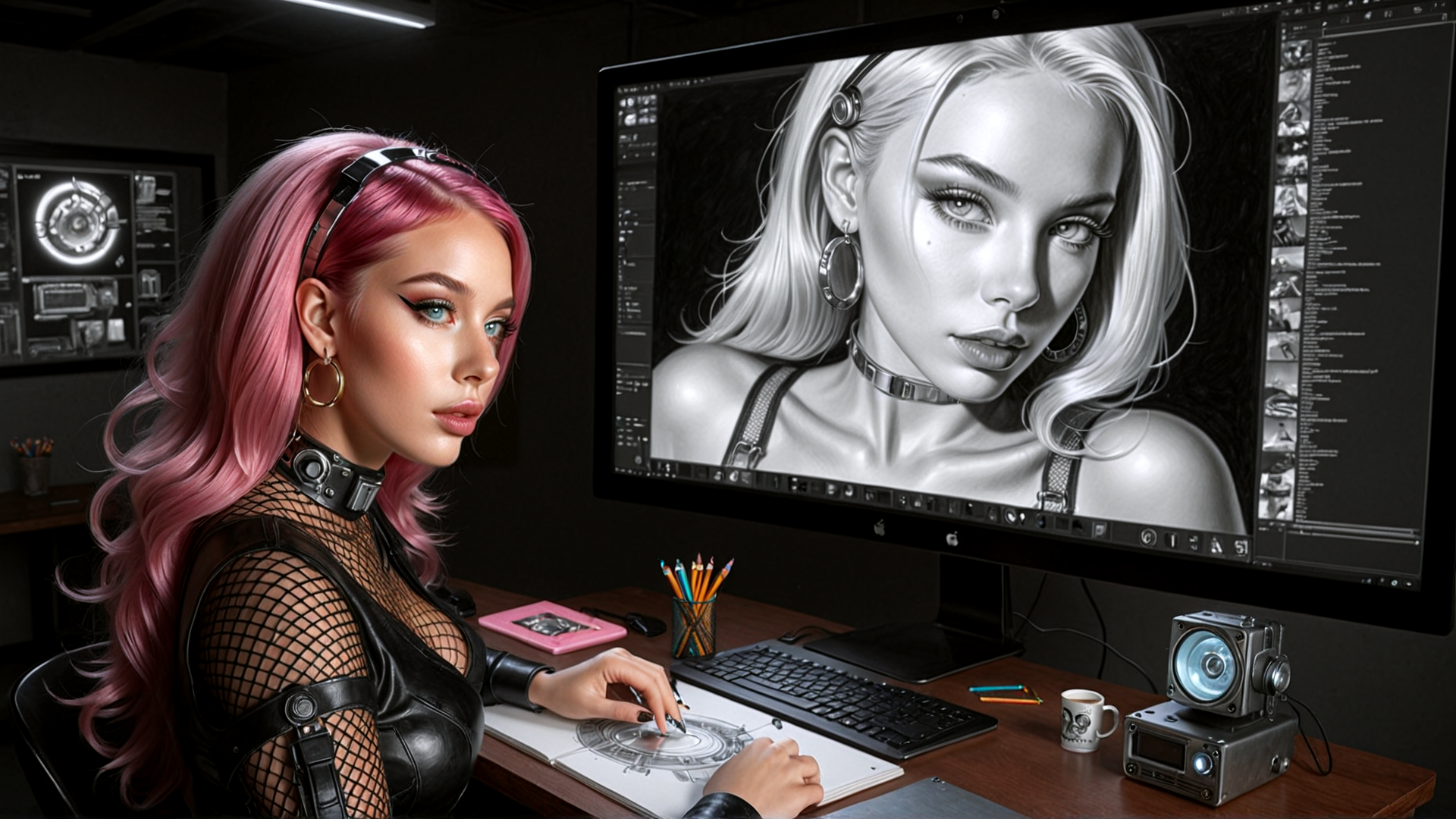 AI generated wallpaper featuring artist, computer, monitor, drawing, desk, pen, graphic, illustration, screen, sketch