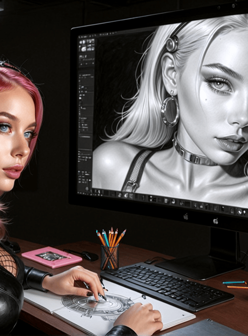 artist, computer, monitor, drawing, desk, pen, graphic, illustration, screen, sketch