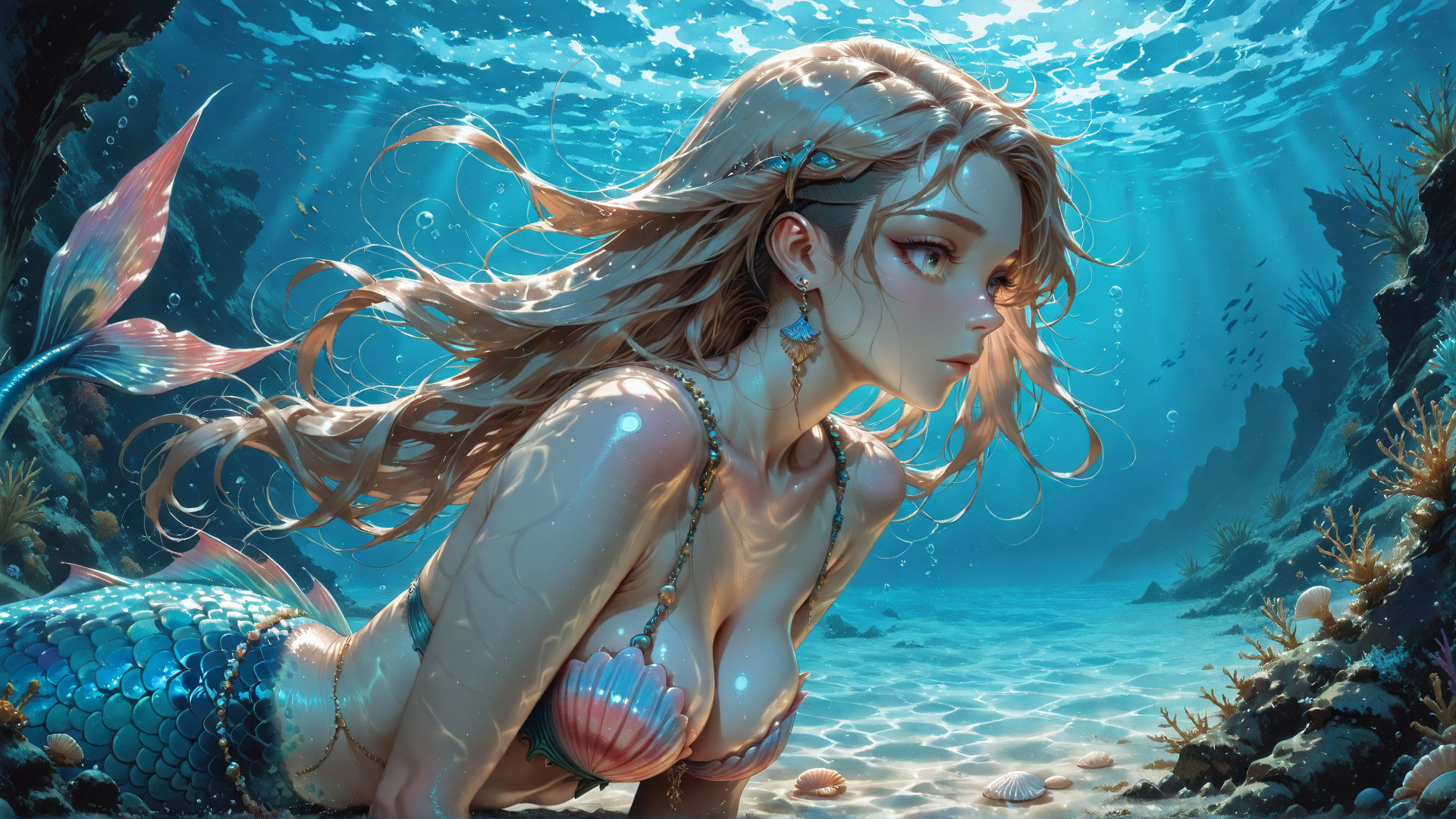 AI generated wallpaper featuring mermaid, seaweed, coral, fish, shells, water, sunlight, scales, waves, sunbeams